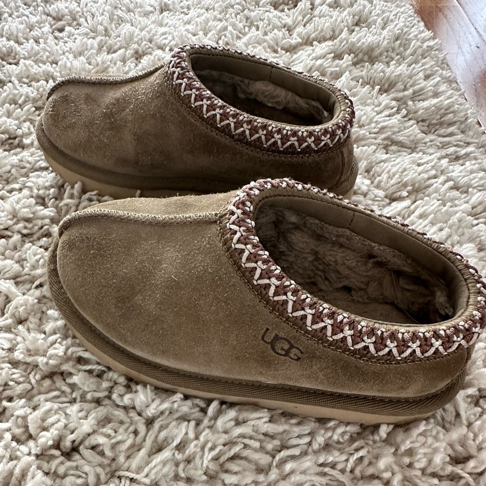 UGG Tan Suede Slippers with Patterned Trim
